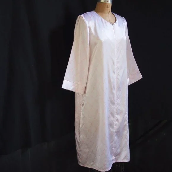 vtg KASSATLY Palm Beach Pink Floral Zip Up Satin Glam Lounge Robe Caftan Dress S - Picture 3 of 9